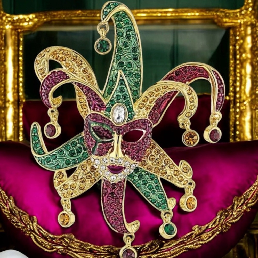 Multicolor Crystal Gold Tone Mardi Gras Mask Brooch. From Park Avenue Collection